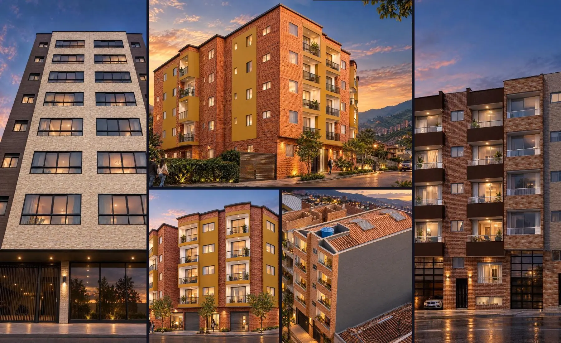 Collage de cinco edificios residenciales del equipo al atardecer: torre de nueve pisos, edificio en esquina con paneles ocres, edificio con locales, vista aérea de obra terminada y edificio Samara